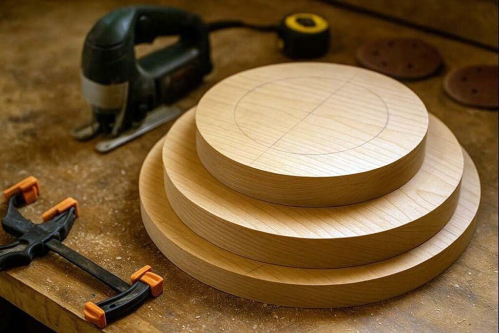 Rough cut wooden tiers stacked on a workbench