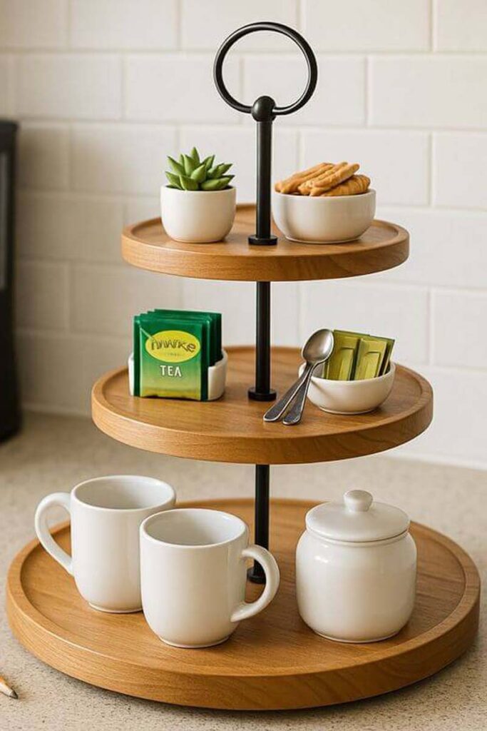 3-tier wooden tray styled for a coffee station
