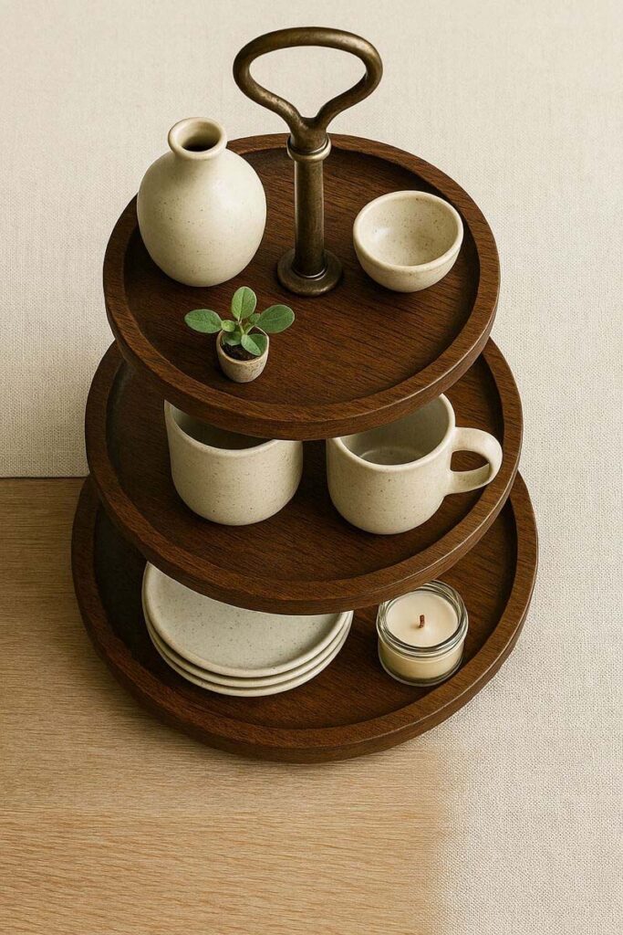 Top-down styled vintage three tier tray with balanced tiers