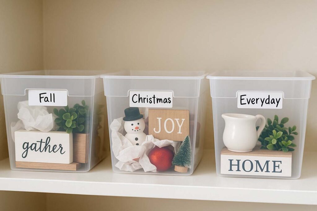 Storage bins labeled by season holding small 3 tier tray decor pieces