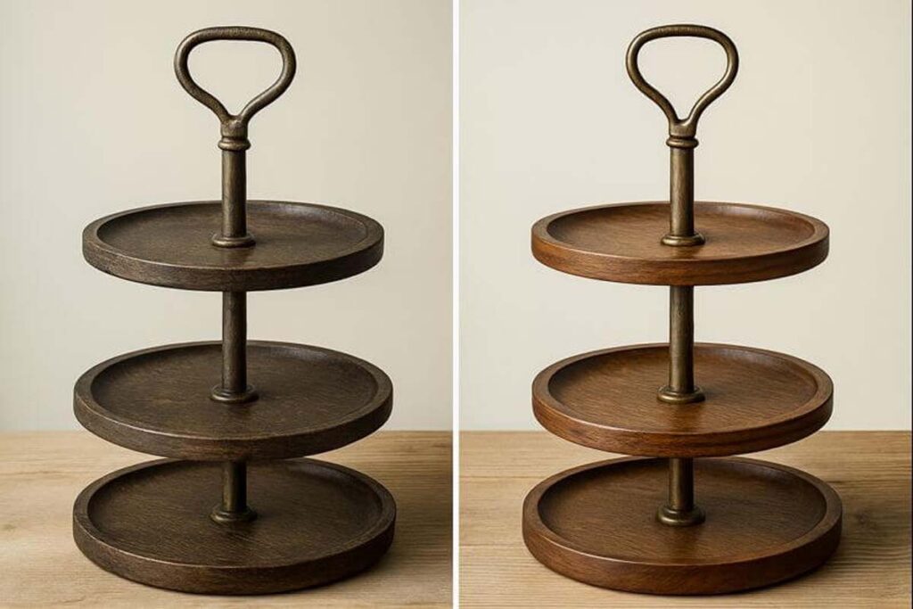 Before and after of restored vintage three tier serving tray