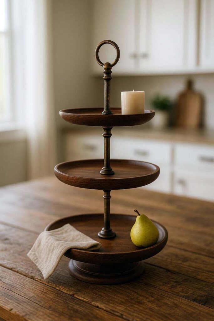Side profile of vintage three tier serving tray assembled