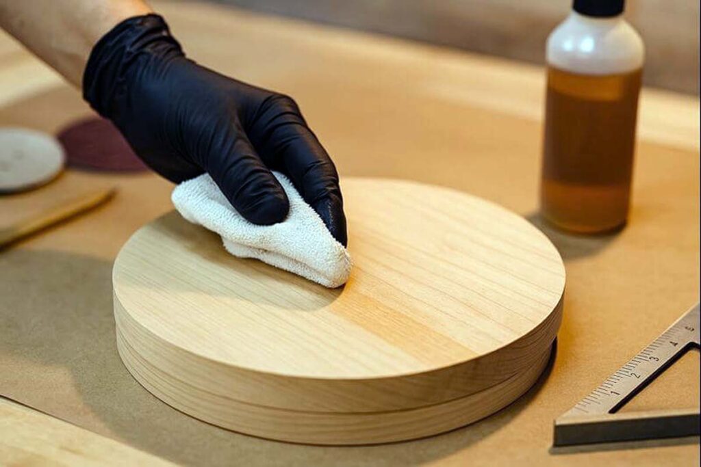 Applying finish to a wooden tray tier with a cloth