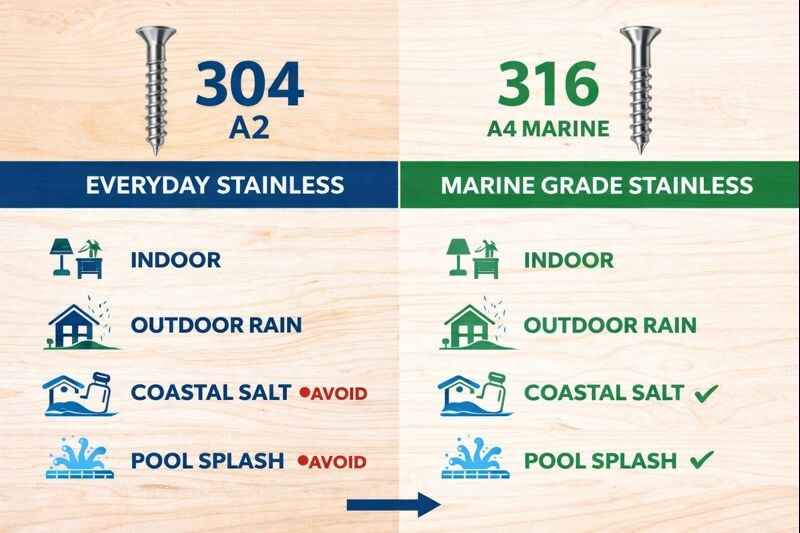 side by side infographic comparing 304 and 316 stainless screw grades for indoor outdoor coastal and pool environments