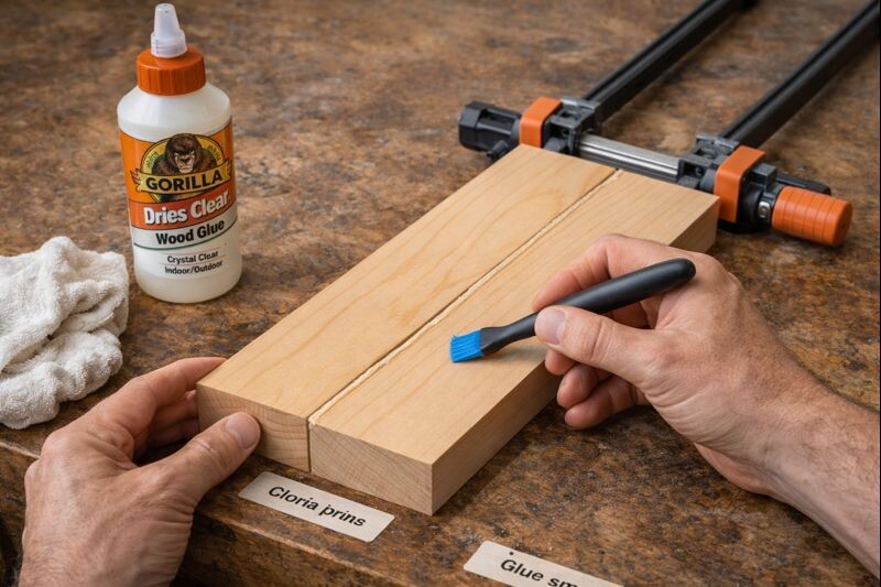 hands spreading wood glue and tightening bar clamps
