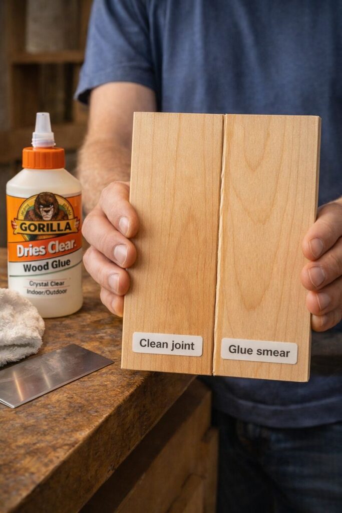 two sample boards showing clean seam and glue smear