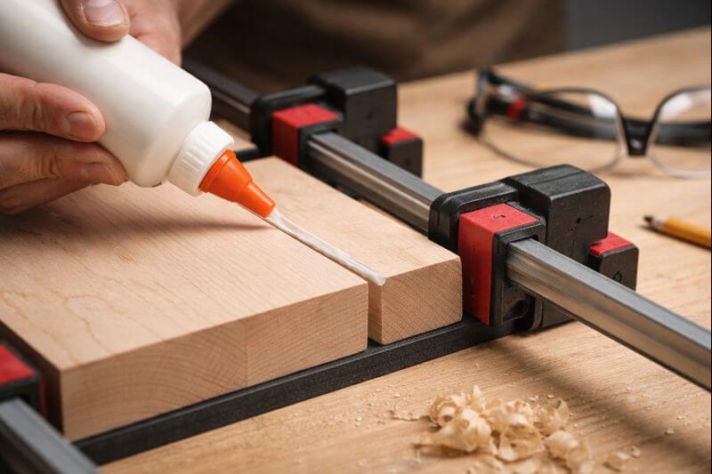 hands applying wood glue and tightening parallel clamps