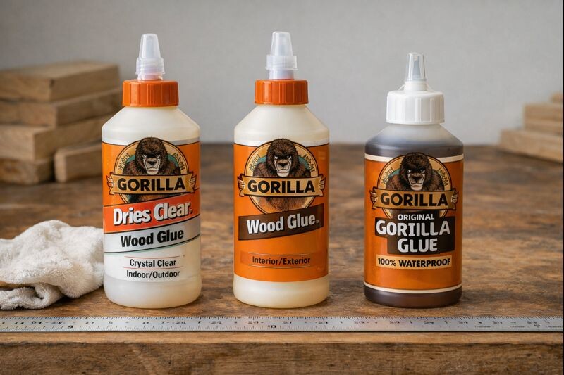 three Gorilla glue bottles on workbench