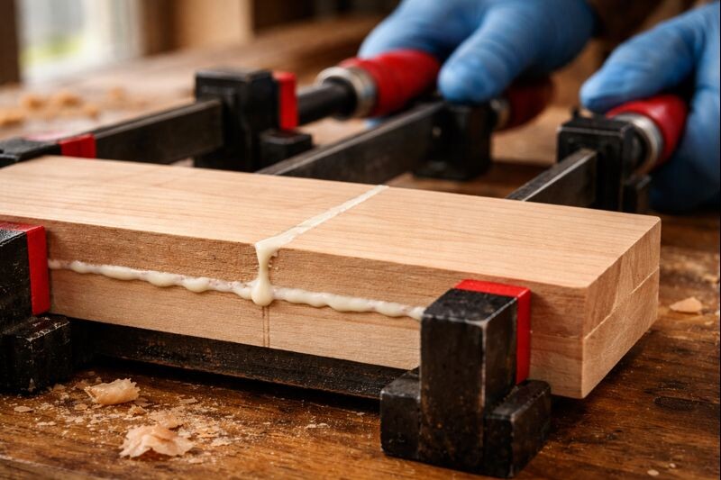 close view of clamped panel glue line