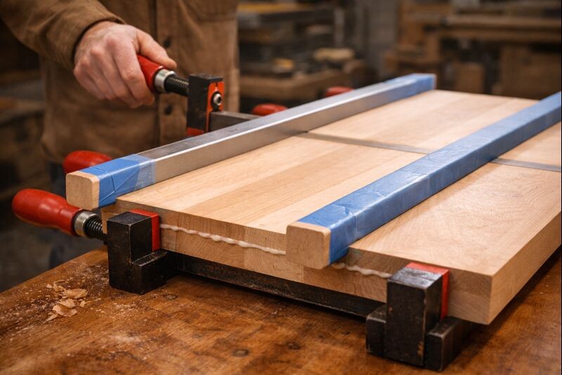 cauls and clamps keeping a panel flat during glue up