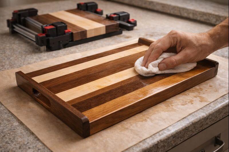 wiping oil finish on a wooden serving tray