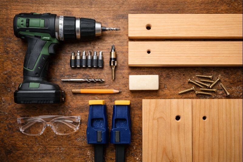 drill bits countersink and clamps laid out for wood screws
