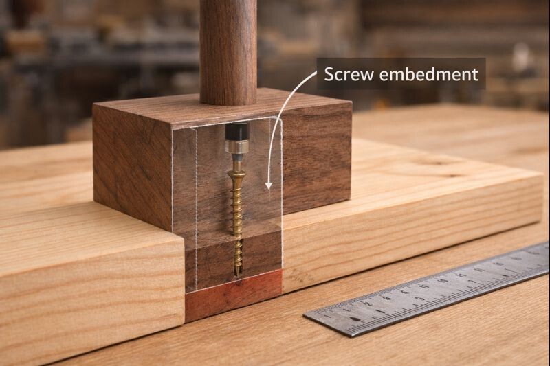 cutaway view of screw bite inside tray stand support block