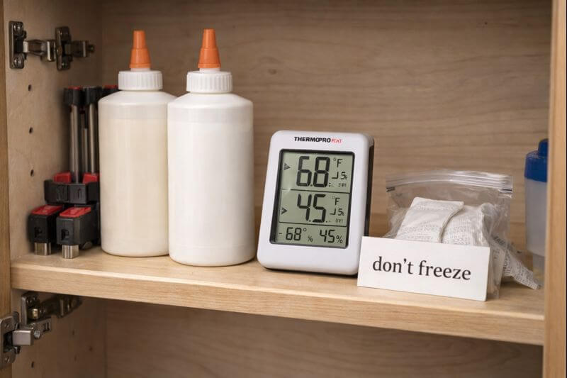 glue bottles stored properly with temperature and humidity gauge