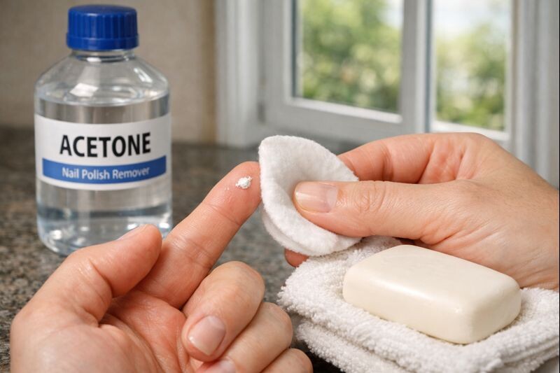 cotton pad removing stubborn glue spot with acetone