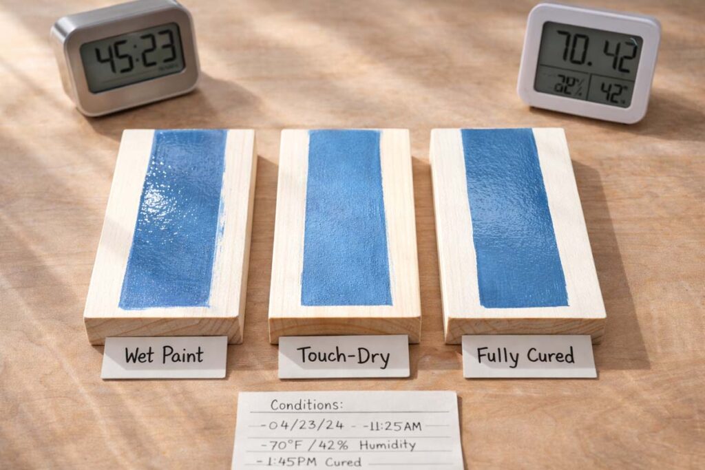 three wood swatches showing wet paint touch dry and cured finish