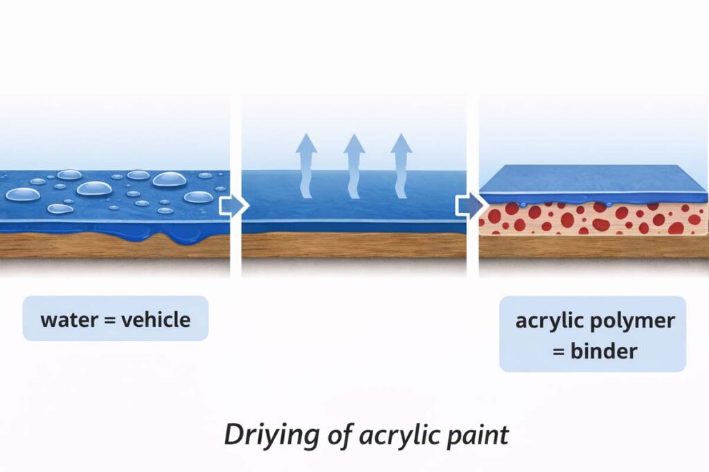 diagram showing water evaporation and acrylic film forming on paint