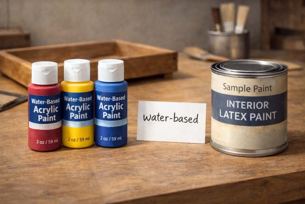 craft acrylic bottles next to interior latex paint can on bench