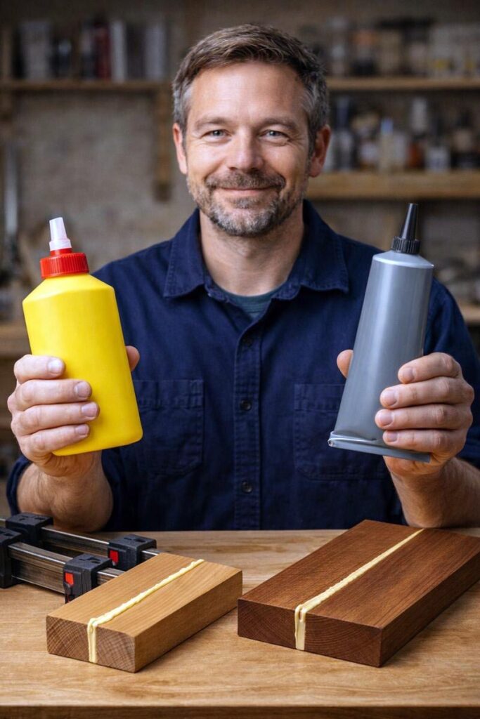 woodworker holding two adhesives with sample joints on bench