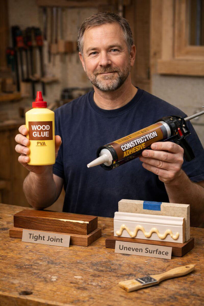 woodworker holding wood glue and construction adhesive