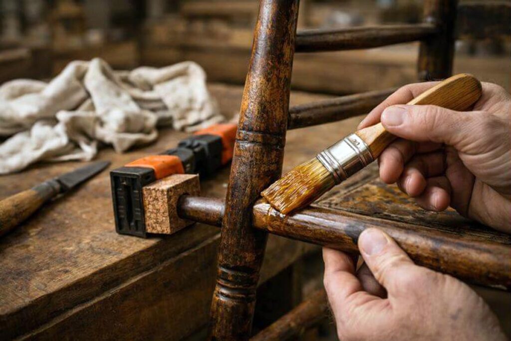 regluing an old chair rung with padded clamps