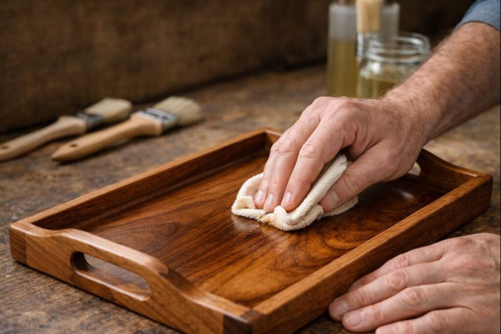 hand rubbing food safe oil on serving tray