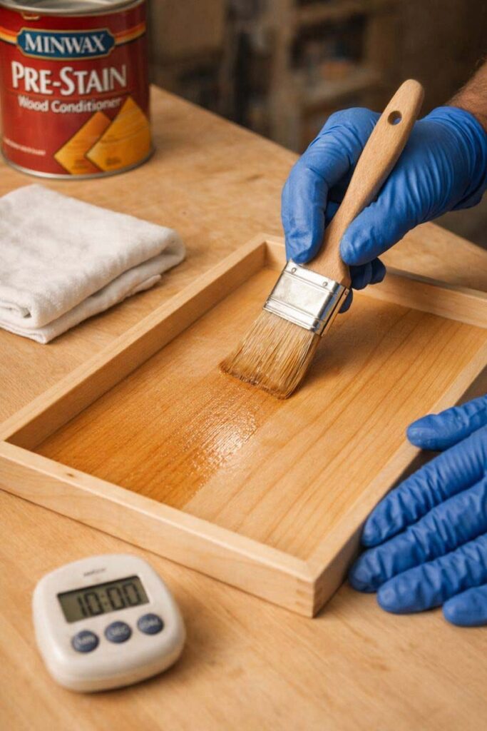 brushing wood conditioner on pine tray surface