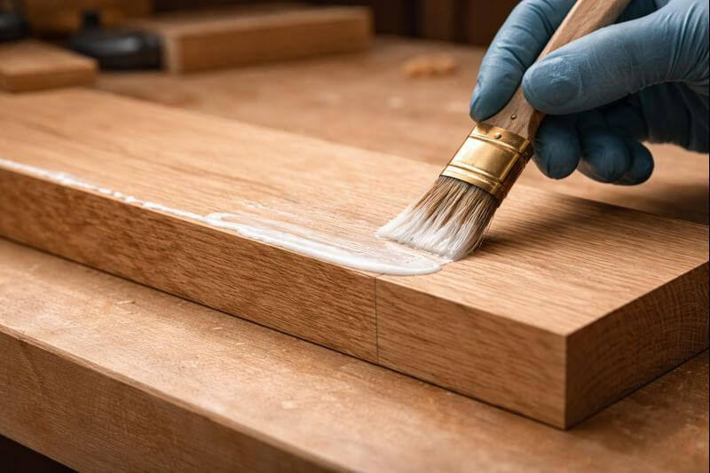 brush spreading thin coat of wood glue on board edge