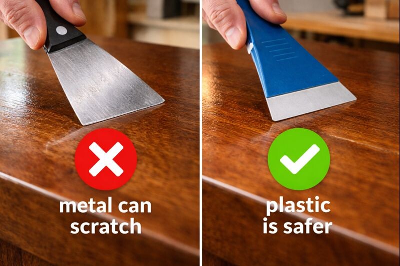 mistake of using a metal scraper on glossy wood finish