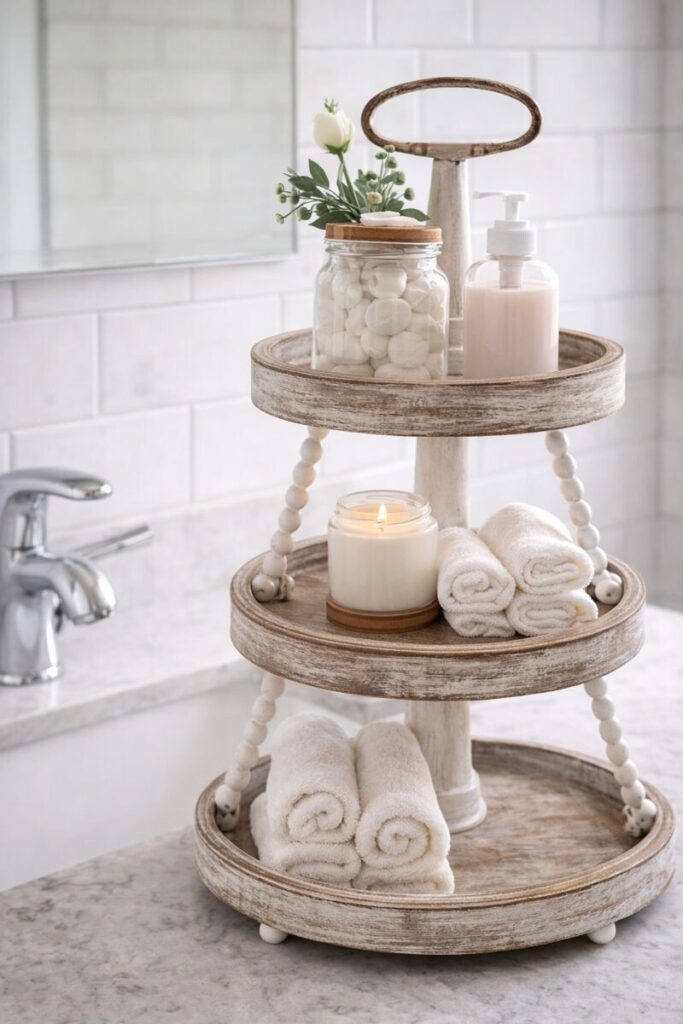 bathroom vanity tray with cotton rounds and lotion