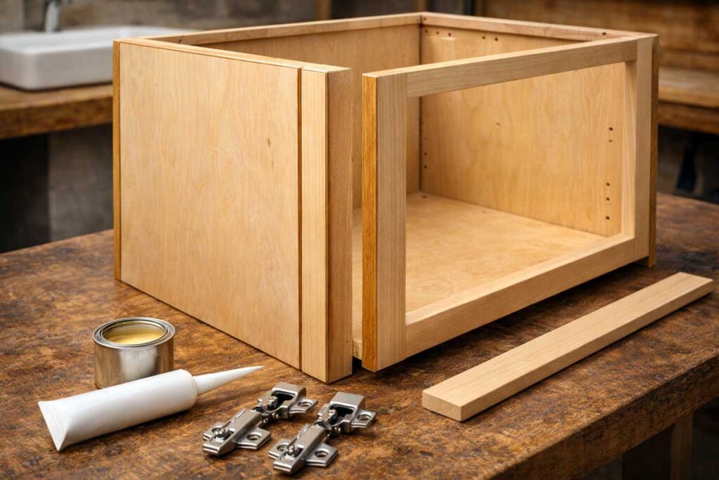 vanity cabinet build materials with sealed edges and hardware