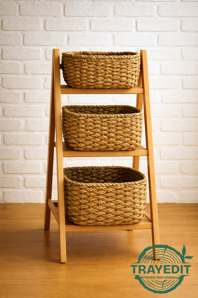 Beechwood tiered tray stand with seagrass baskets