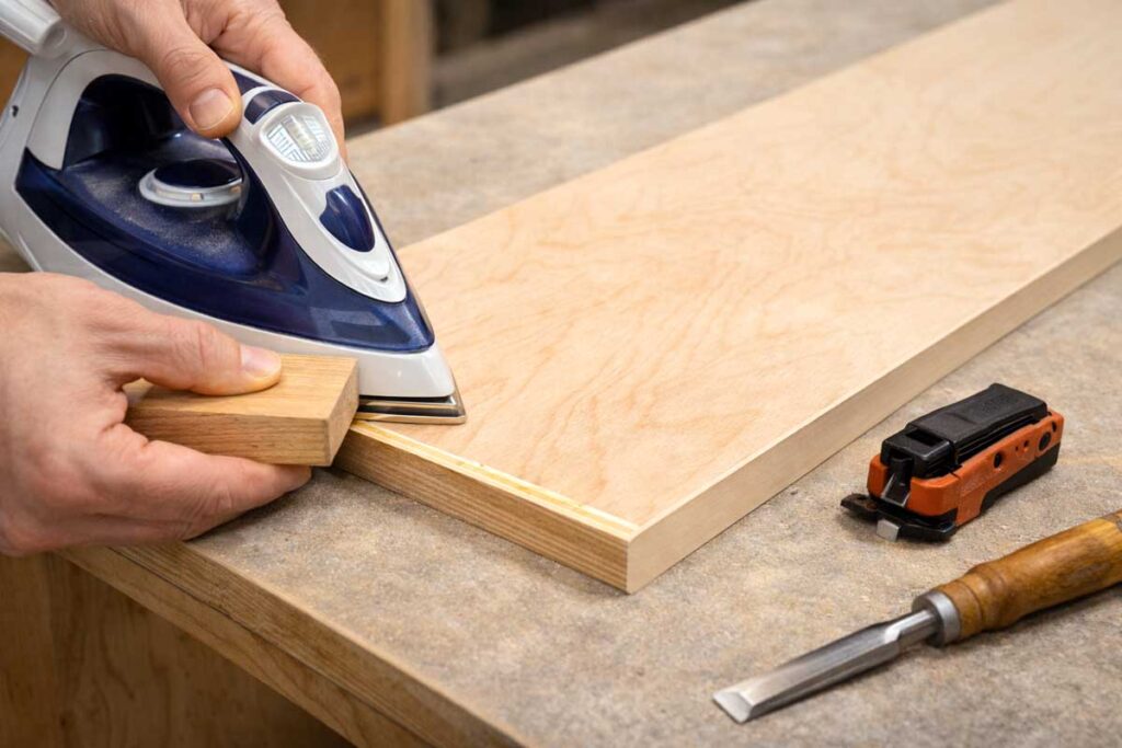 edge band being applied to plywood shelf for clean finish