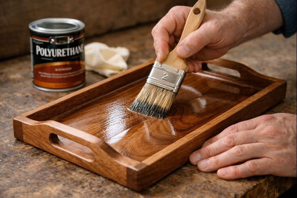 brushing clear polyurethane finish on wood tray