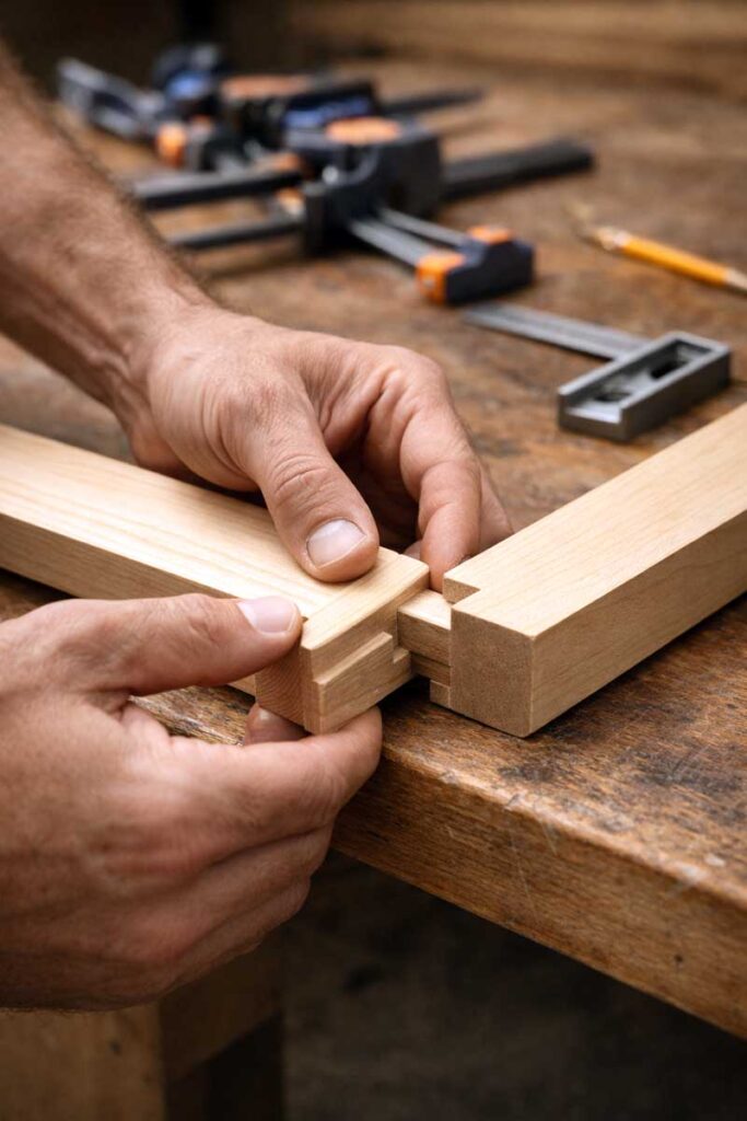 hands fitting a cabinet door frame joint at the workbench