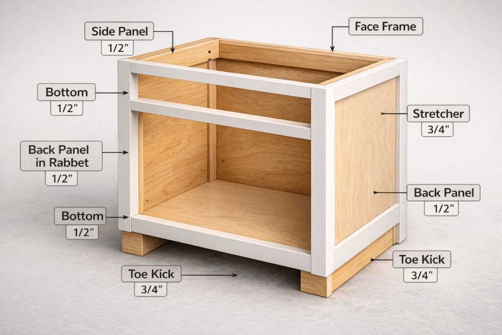 cutaway cabinet showing back panel and stretchers