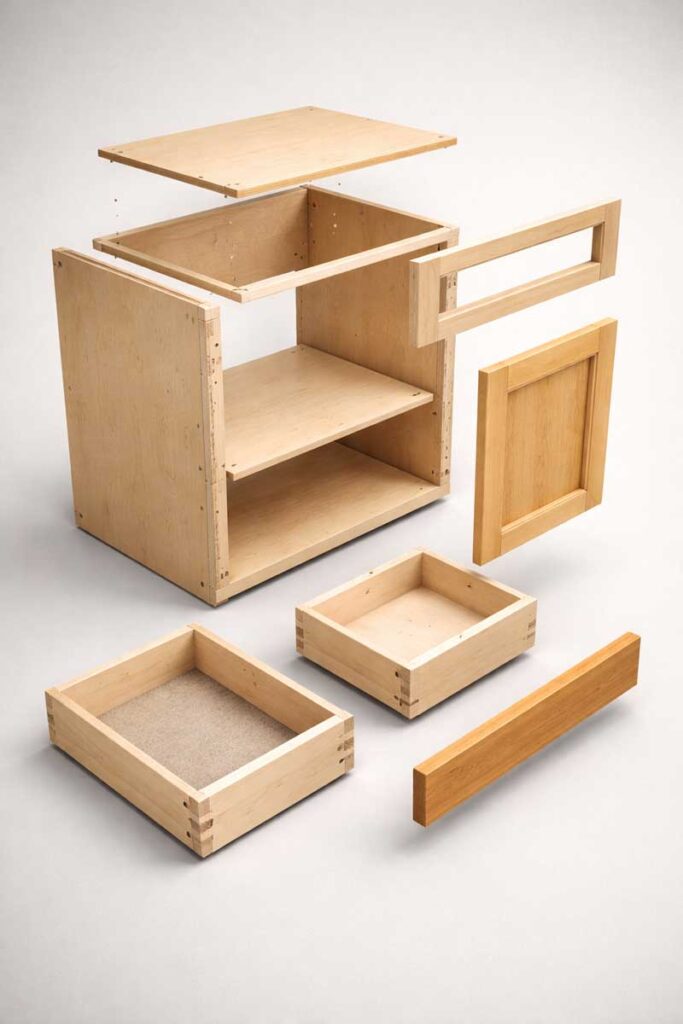 cabinet diagram showing box face frame door and drawer parts