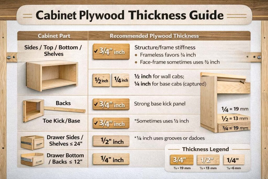 cabinet part thickness guide with simple icons and notes
