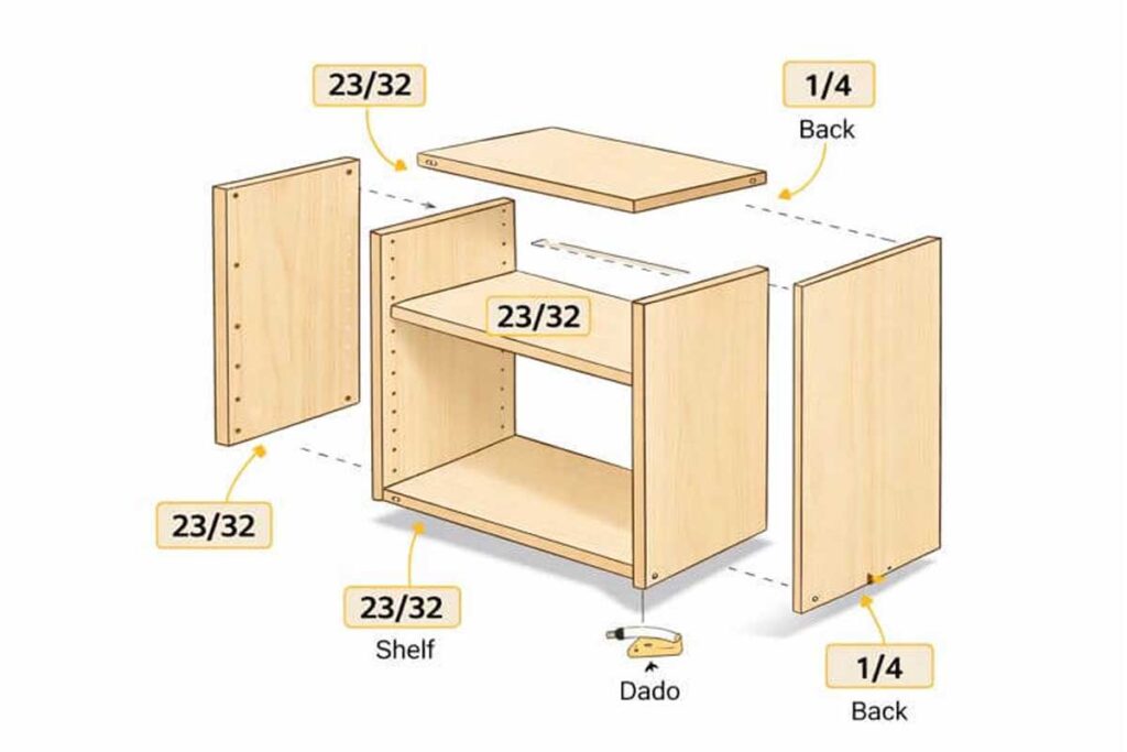 exploded cabinet diagram showing thickness for box shelf and back