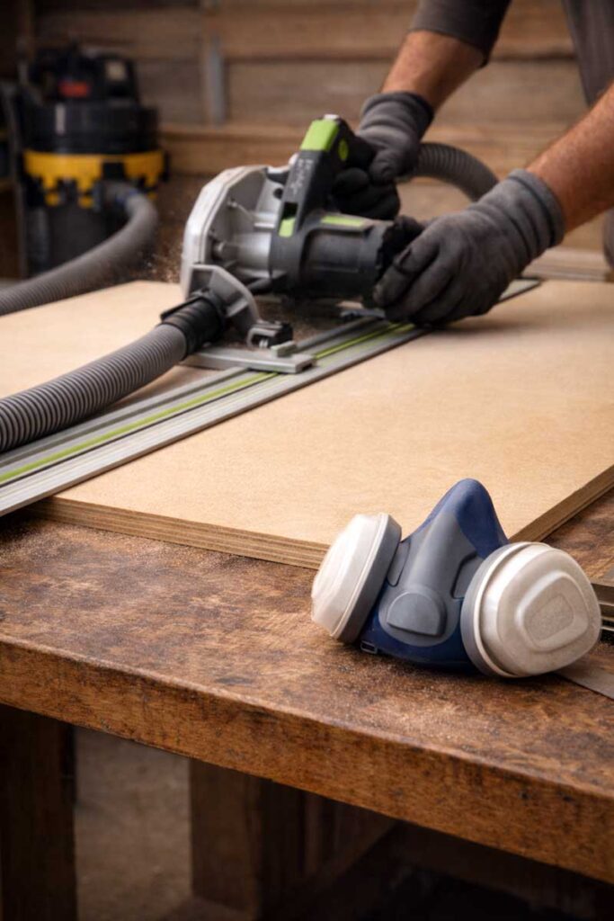 shop vacuum and mask setup for cutting cabinet panels