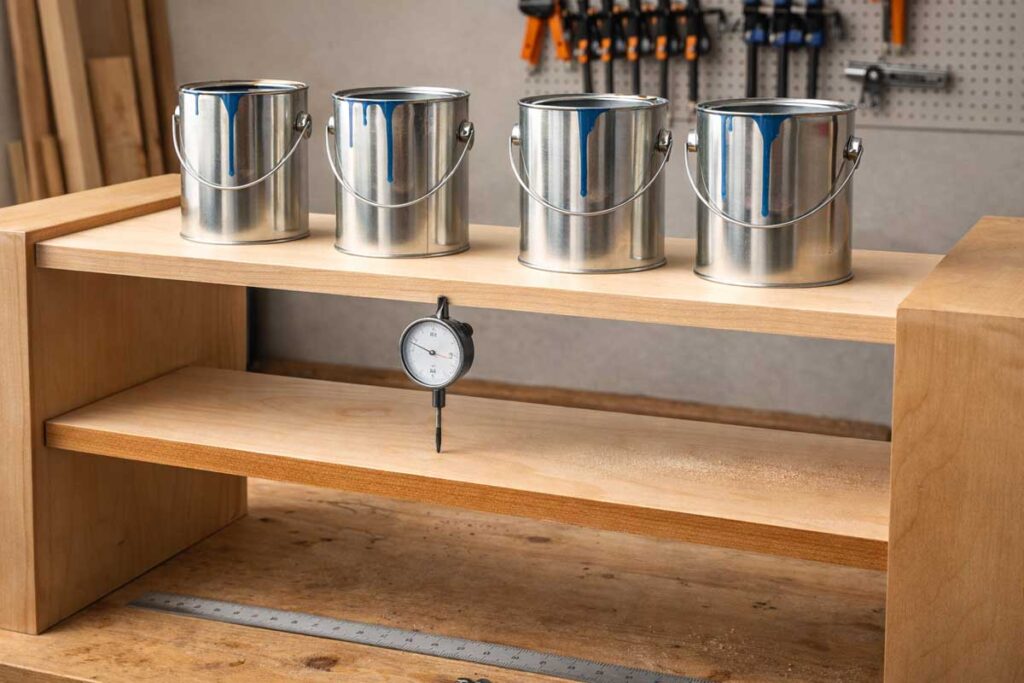 plywood cabinet shelf deflection test with weights and dial indicator