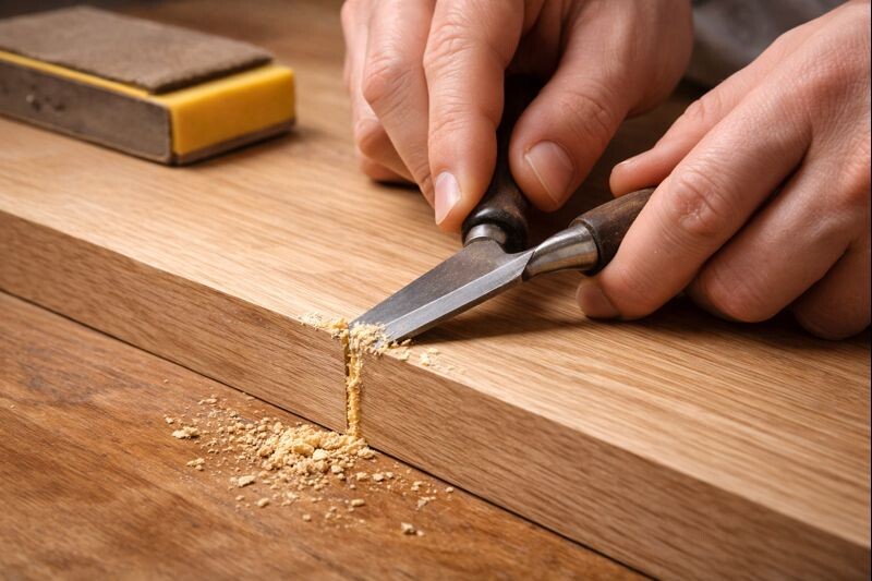 hands scraping dried glue squeeze out before sanding