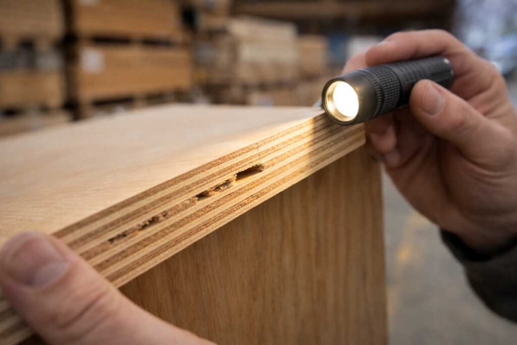 hands inspecting plywood edge to spot internal voids