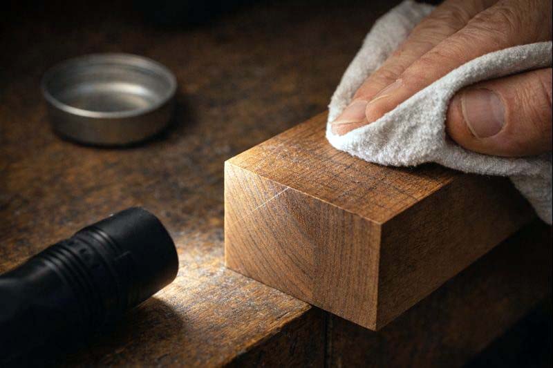 raking light reveals sanding scratches on end grain after wipe down