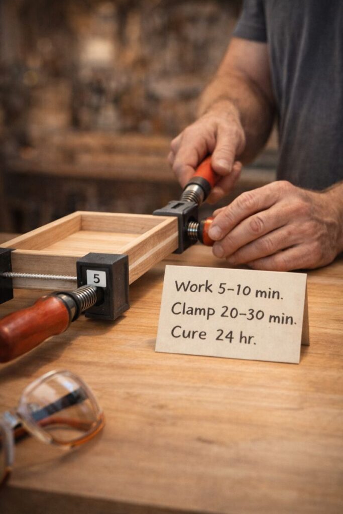 Hands clamping a tray panel beside a cure time card
