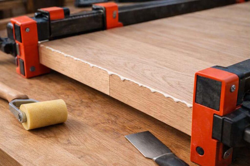 even squeeze out along clamped wood joint