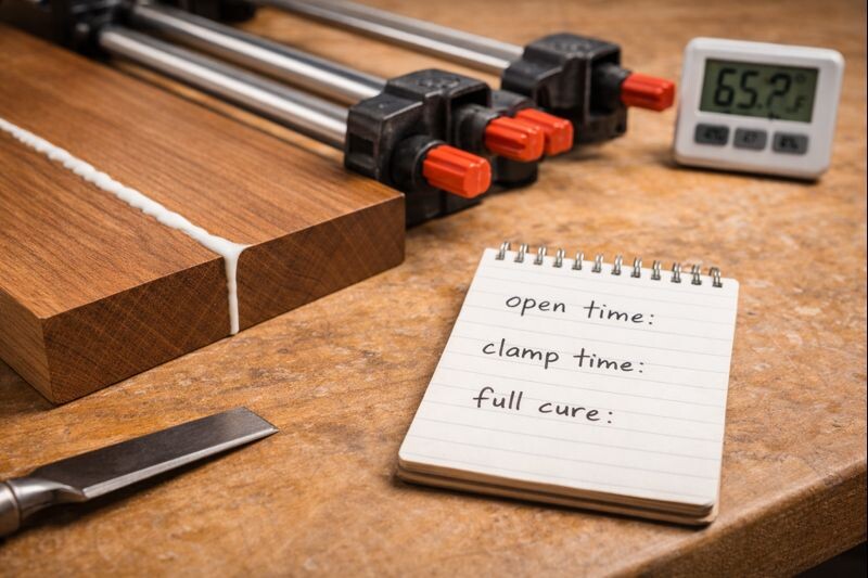 clamped wood joint with notepad showing dry time notes