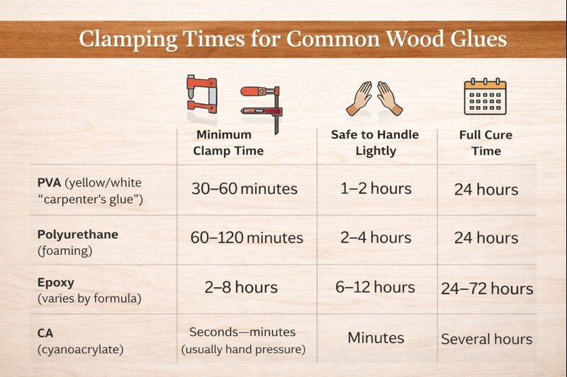 clamp time chart for common wood glues
