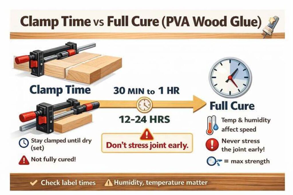 timeline showing clamp time and full cure for wood glue