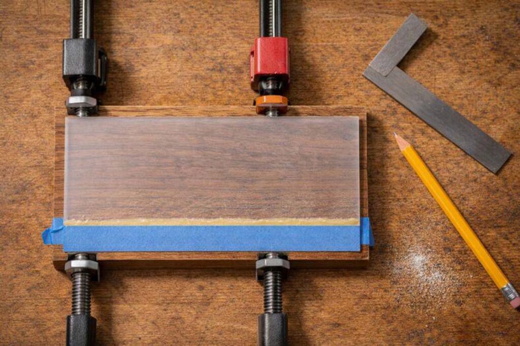 plastic part clamped to wood with tape controlling squeeze out